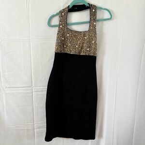 Vintage 80s black gold beaded sequin halter top dress medium formal cocktail